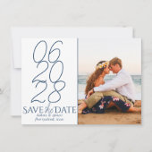Classic Blue | Navy und White Lässig Script Foto Save The Date (Vorderseite)