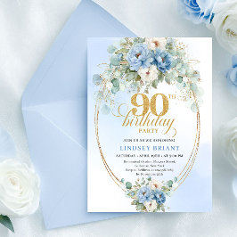 Classic Blue Peony Gold Accent 90th Birthday Card Einladung