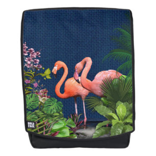 Classic Blue Pink Flamingos Green Blätter Rucksack