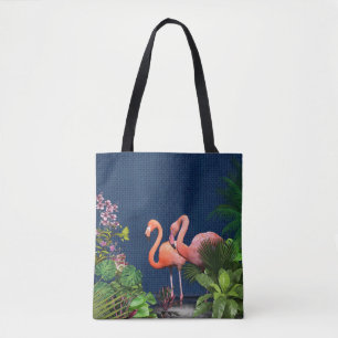 Classic Blue Pink Flamingos Green Blätter Tasche