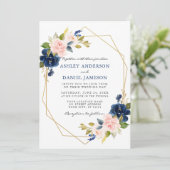 Classic Blue Pink Floral Geometric Gold Wedding Einladung (Stehend Vorderseite)