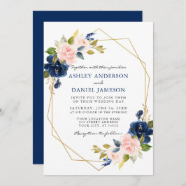 Classic Blue Pink Floral Geometric Gold Wedding Einladung