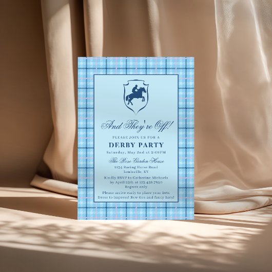 Classic Blue Plaid Race Horse Crest Derby Party Einladung