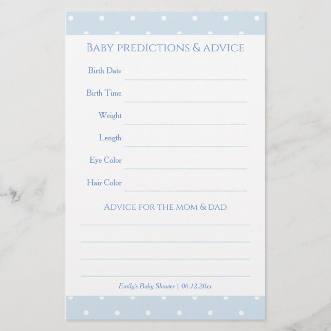 Classic Blue Polka Dots Baby Shower Guessing Game (Vorderseite)