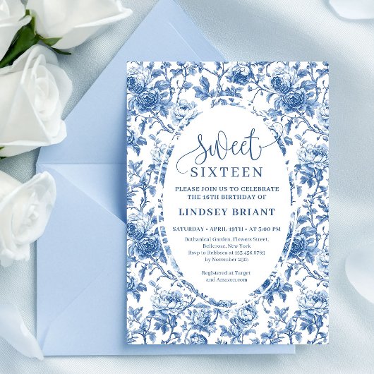 Classic Blue Roses Digital Download Sweet 16 Einladung