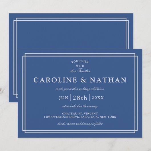 Classic Blue Simple elegante Frame Wedding Einladung (Vorne/Hinten)