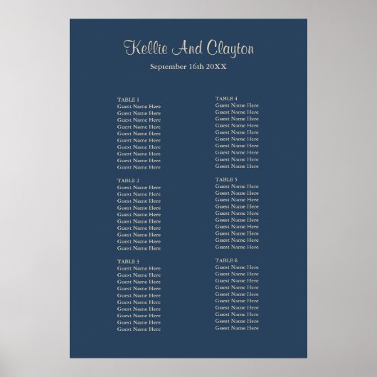 Classic Blue Simple Wedding Seating Chart Poster (Vorne)