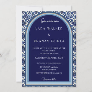 Classic Blue Spanish Tile Wedding Einladung