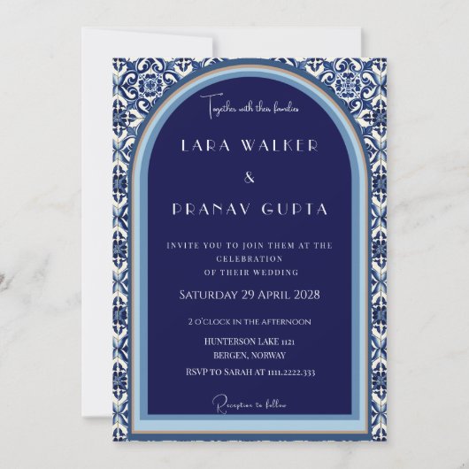 Classic Blue Spanish Tile Wedding Einladung (Vorderseite)