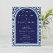 Classic Blue Spanish Tile Wedding Einladung (Stehend Vorderseite)