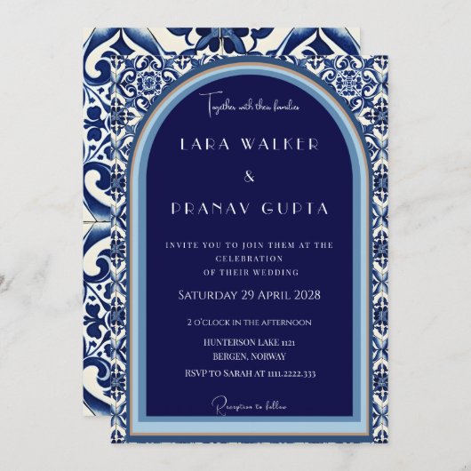 Classic Blue Spanish Tile Wedding Einladung (Vorne/Hinten)