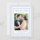 Classic Blue Stripes Photo Wedding Save The Date (Vorderseite)
