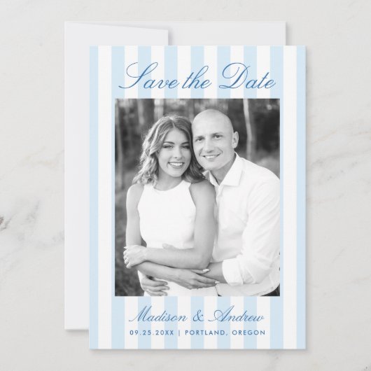 Classic Blue Stripes Photo Wedding Save The Date (Vorderseite)