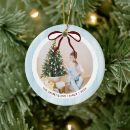 Classic Blue Stripes Red Bow Christmas Keramik Ornament