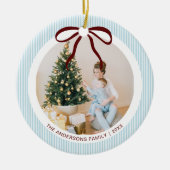 Classic Blue Stripes Red Bow Christmas Keramik Ornament (Vorne)