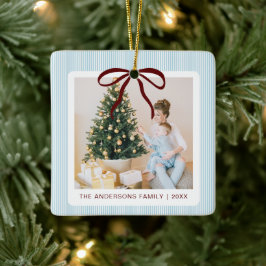 Classic Blue Stripes Red Bow Christmas Keramikornament