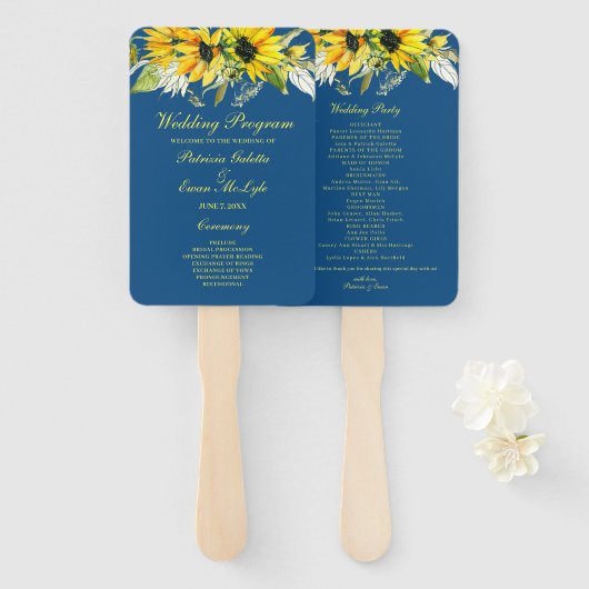 Classic Blue Sunflower - Hochzeitsprogramm Set der Fächer (Vorne und Hinten)
