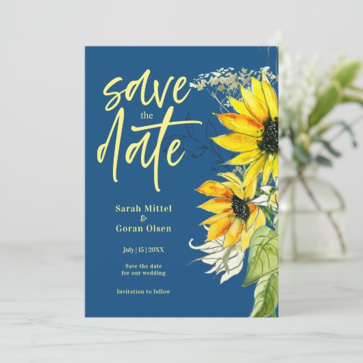 Classic Blue Sunflower Save the Date Einladung (Stehend Vorderseite)