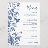 Classic Blue Toile Botanical Wedding Dinner Menükarte (Vorderseite)