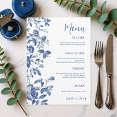 Classic Blue Toile Botanical Wedding Dinner Menükarte