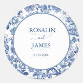 Classic Blue Toile Botanical Wedding Seal Label Runder Aufkleber (Vorderseite)