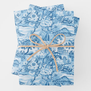 Classic Blue Toile Landschaft Geschenkpapier Set