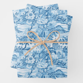 Classic Blue Toile Landschaft Geschenkpapier Set