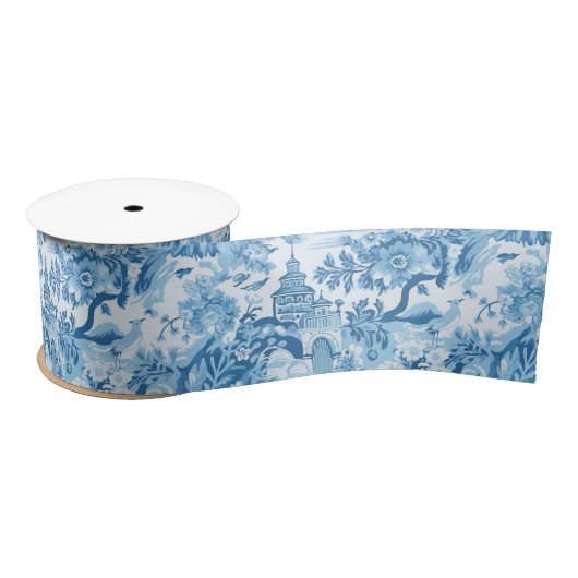 Classic Blue Toile Landschaft Satinband (Spule)