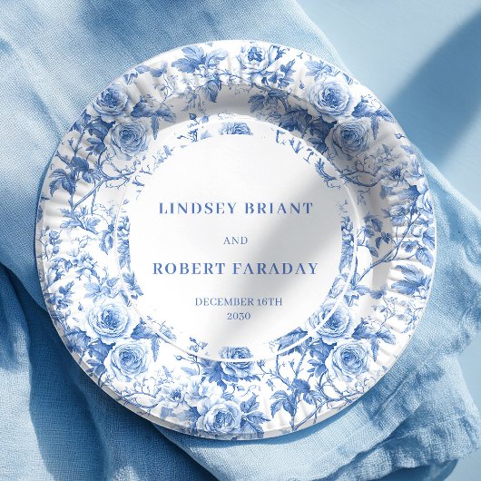 Classic blue toile roses wedding reception table pappteller