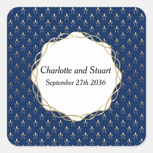 Classic Blue und Gold Wedding Quadratischer Aufkleber (Vorderseite)