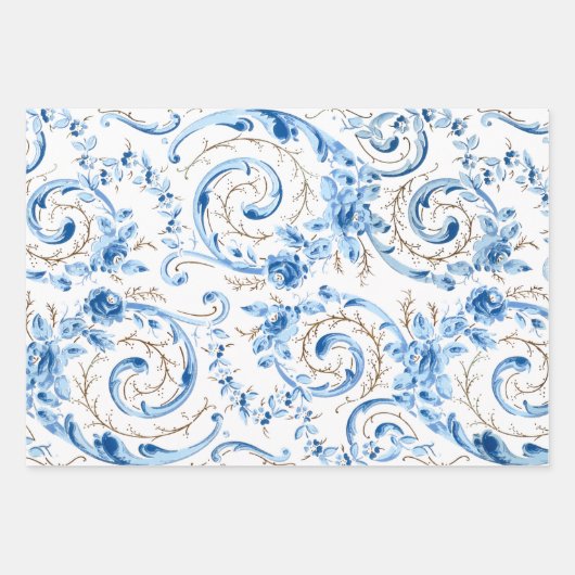 Classic Blue und White Florals Geschenkpapier Set (Vorderseite)