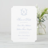 Classic Blue Wedding Crest Save The Date Invite Einladung (Stehend Vorderseite)
