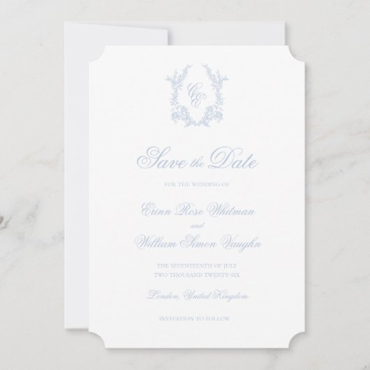 Classic Blue Wedding Crest Save The Date Invite Einladung (Vorderseite)