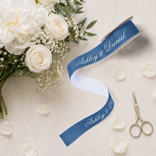 Classic Blue Wedding Elegante Script Calligraphy Satinband