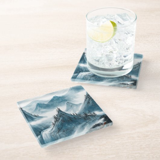 Classic Blue White Chinoiserie Landschaftsbild Mal Glasuntersetzer (Schrägansicht)