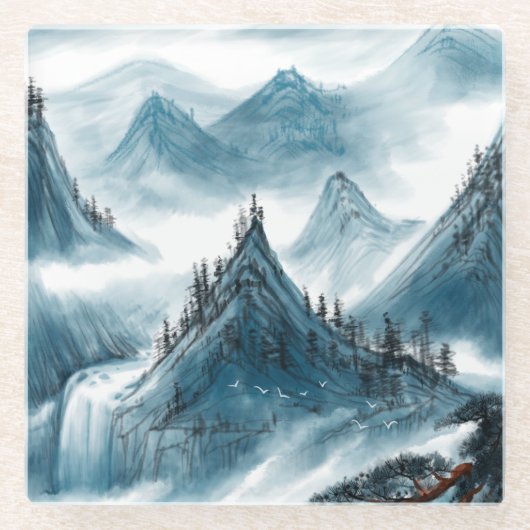 Classic Blue White Chinoiserie Landschaftsbild Mal Glasuntersetzer (Vorderseite)