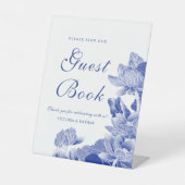 Classic Blue White Floral Wedding Gästebuchschilde Sockelschild (Vorderseite)