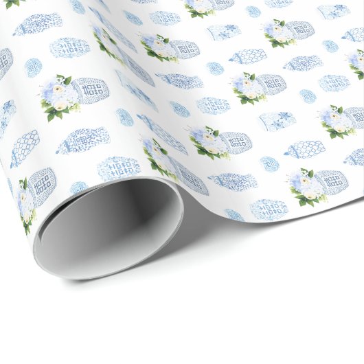 Classic Blue White Florals und Ginger Jar Pottery Geschenkpapier (Rolleneckpunkt)