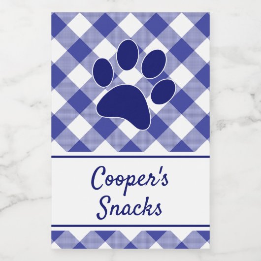 Classic Blue White Gingham Pattern Paw Name Lebensmitteletikett (Einzelnes Label)