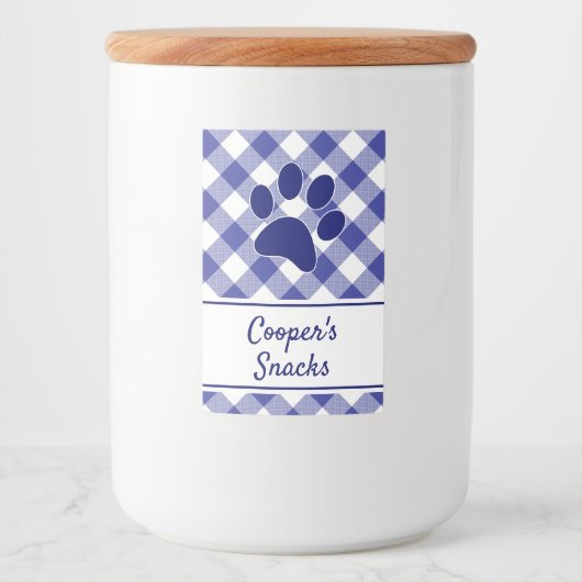 Classic Blue White Gingham Pattern Paw Name Lebensmitteletikett (Vorderseite)
