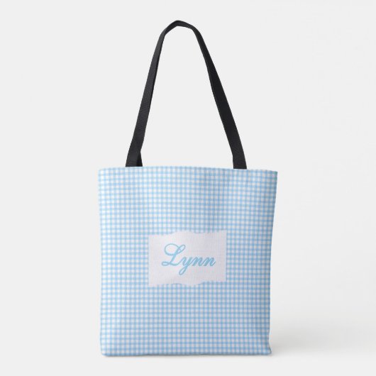Classic Blue & White Gingham | Personalized Name Tasche (Rückseite)