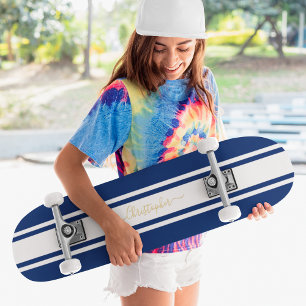 Classic Blue White Racing Stripes Gold Mit Monogra Skateboard