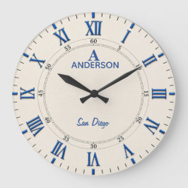 Classic Blue White Roman Elegant Große Wanduhr