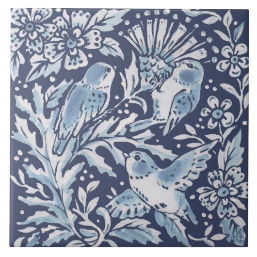 Classic Blue White Verziert 3 Birds Forest Floral Fliese (Vorderseite)