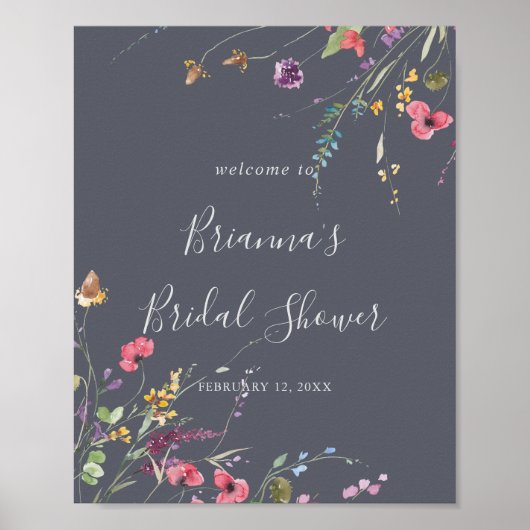 Classic Blue Wild Floral Brautparty Willkommen Poster (Vorne)