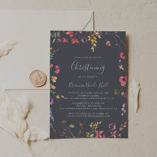 Classic Blue Wild Floral Christening Einladung