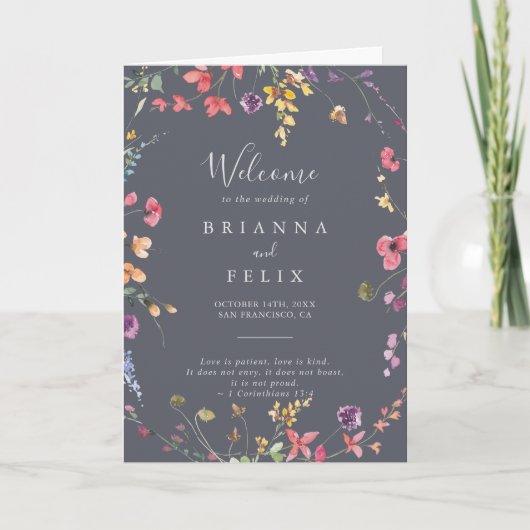 Classic Blue Wild Floral Folded Wedding Programm (Vorderseite)