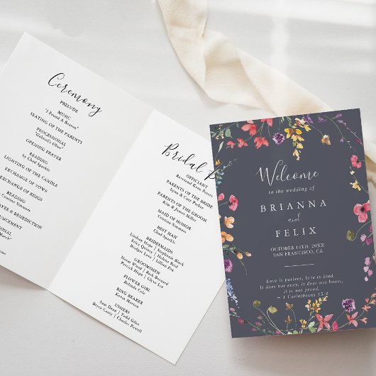 Classic Blue Wild Floral Folded Wedding Programm