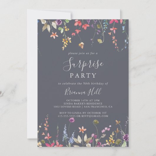 Classic Blue Wild Floral Surprise Party Einladung (Vorderseite)