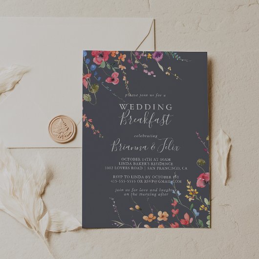 Classic Blue Wild Floral Wedding Breakfast Einladung